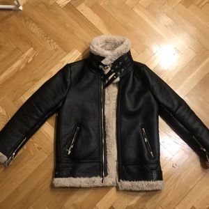 Zara Black leather fur aviator coat